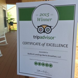 Trip Advisor Awards Bedford Landings B & B Certificate of Excellence