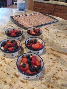 The fruit this summer has been so sweet and juicy!  In the background is the pecan encrusted bacon  ready for the oven!