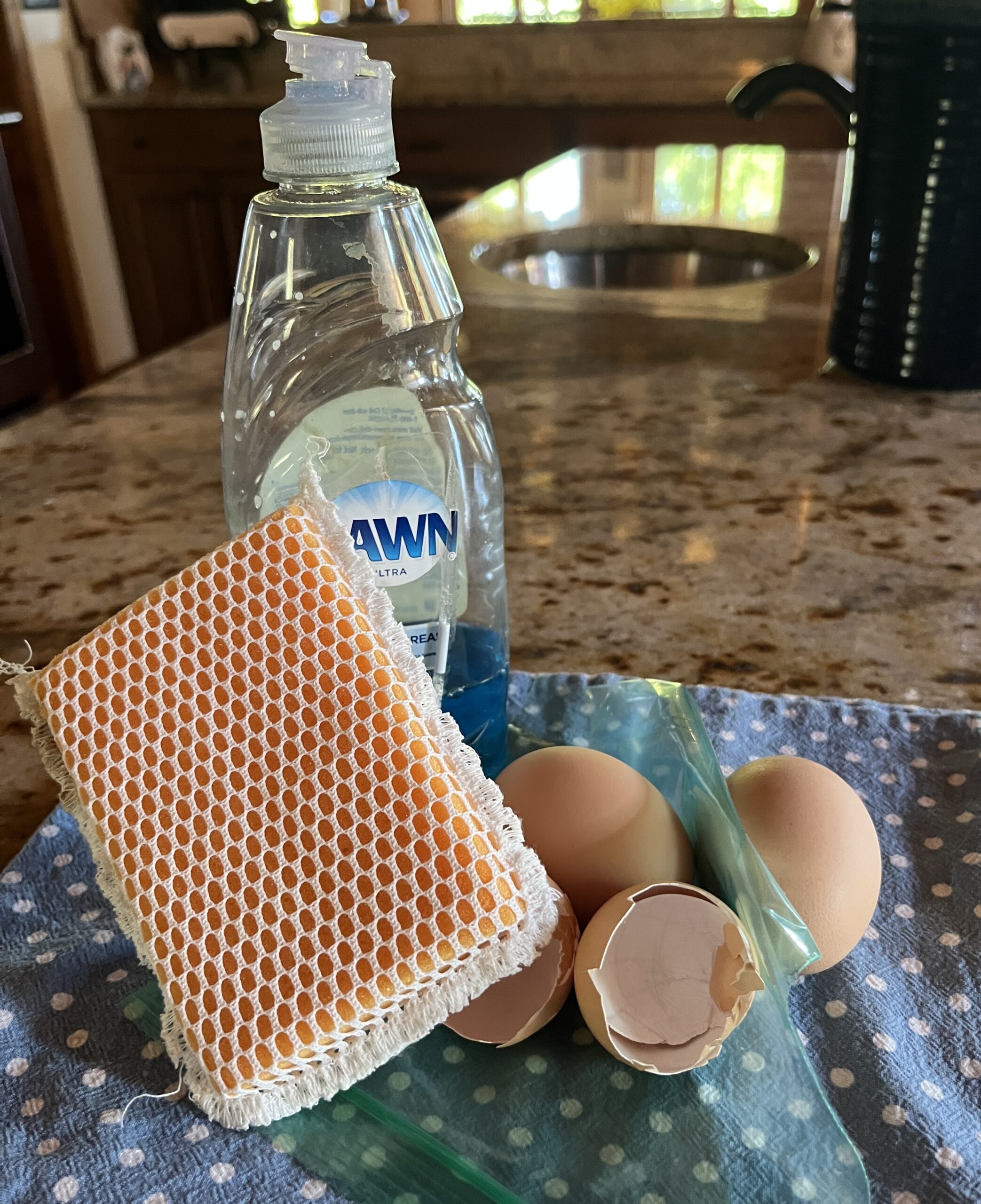 Eggs, dishwashing liquid and scrubber