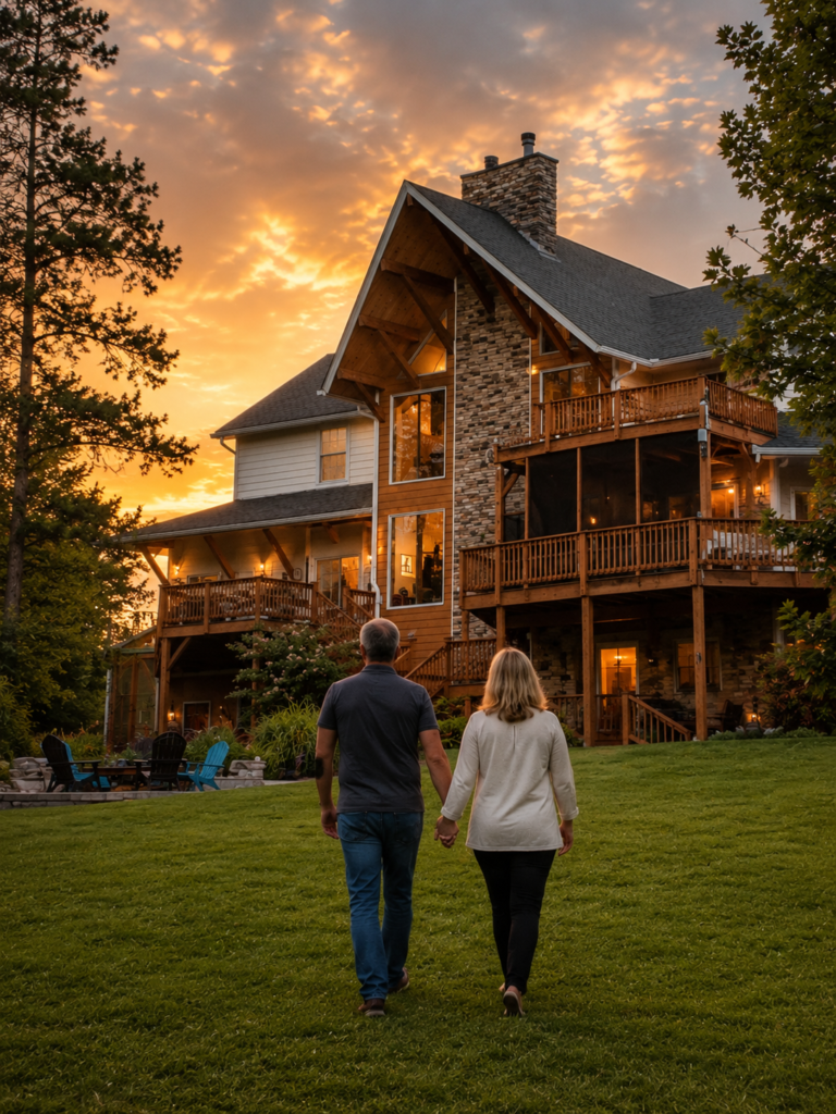 Couple walking toward Bedford Landings Bed & Breakfast at sunset near Smith Mountain Lake, with warm golden light, rustic architecture, wooded surroundings, and a romantic arrival experience.