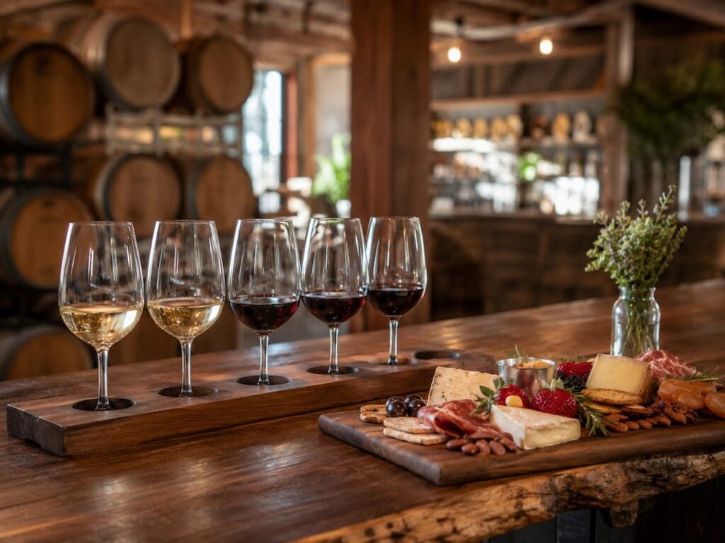 Intimate wine tasting at a boutique Virginia winery with red and white wine flights, charcuterie board, local cheeses, fruit, crackers, wine barrels, and warm rustic wood accents.