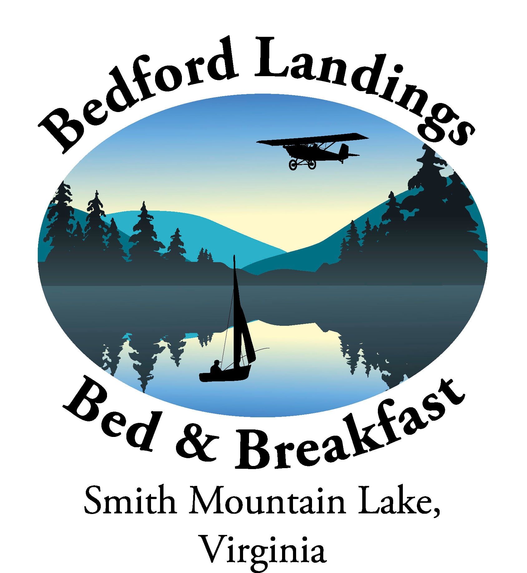 Circular logo showing a lake scene with a boat on calm water, silhouettes of trees, and a small airplane in the sky, encircled by the text 'Bedford & Breakfast' and 'Smith Mountain Lake, Virginia'