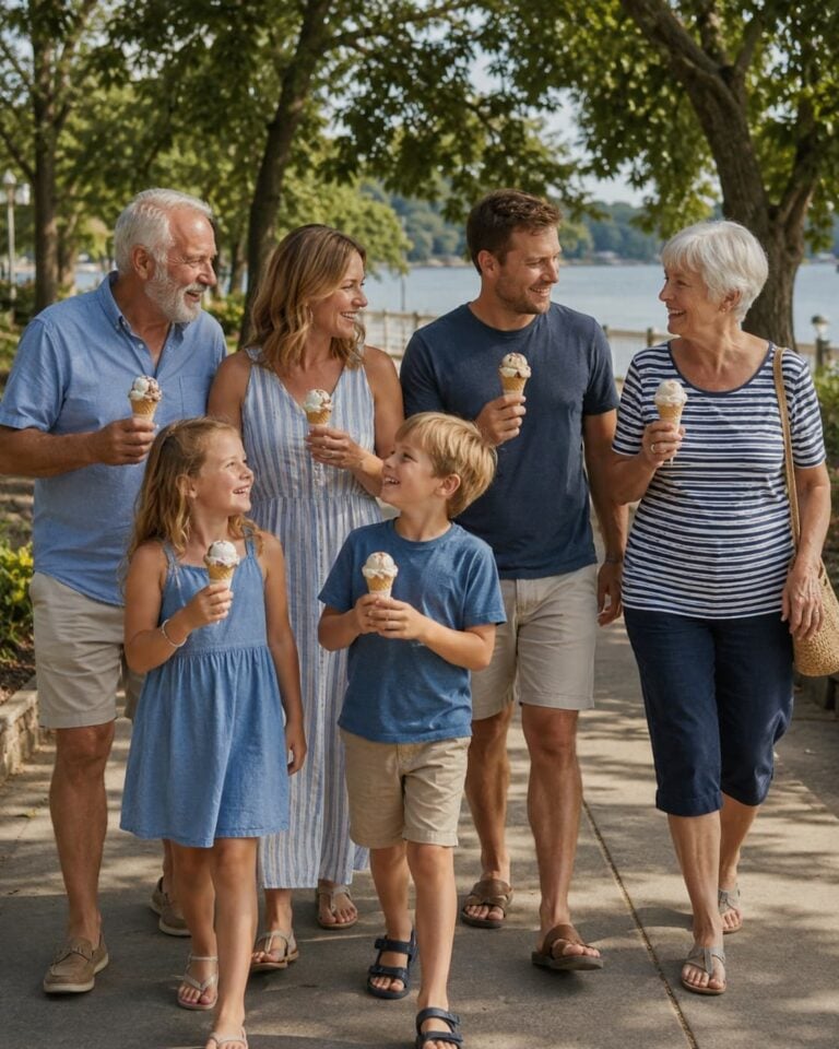 Family enjoying ice cream cones during a sunny outing near Smith Mountain Lake, showing relaxed family vacation activities close to Bedford Landings Bed & Breakfast.