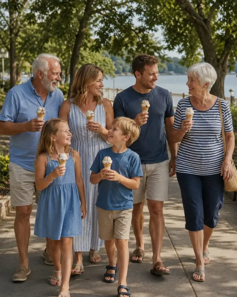 Family enjoying ice cream cones during a sunny outing near Smith Mountain Lake, showing relaxed family vacation activities close to Bedford Landings Bed & Breakfast.