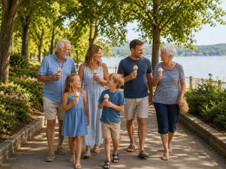 Multigenerational family enjoying ice cream during a sunny outing near Smith Mountain Lake while visiting Bedford Landings Bed & Breakfast.