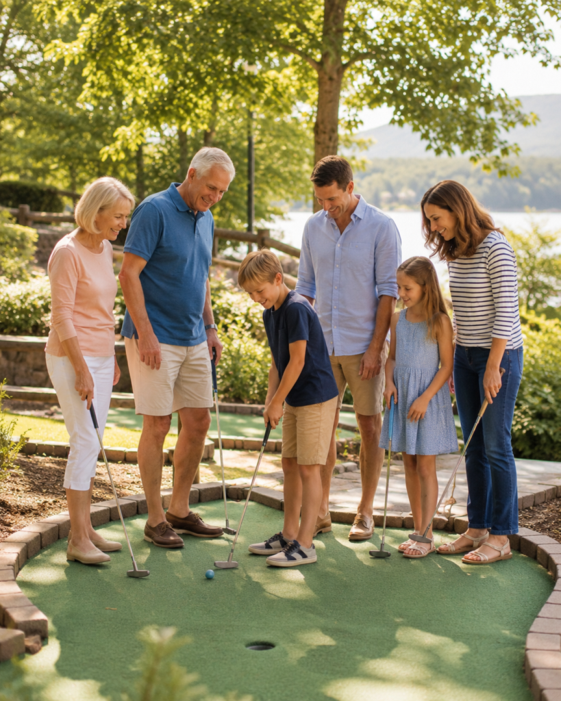 Family playing mini golf together on a sunny day near Smith Mountain Lake, highlighting easy family-friendly activities for Bedford Landings guests.