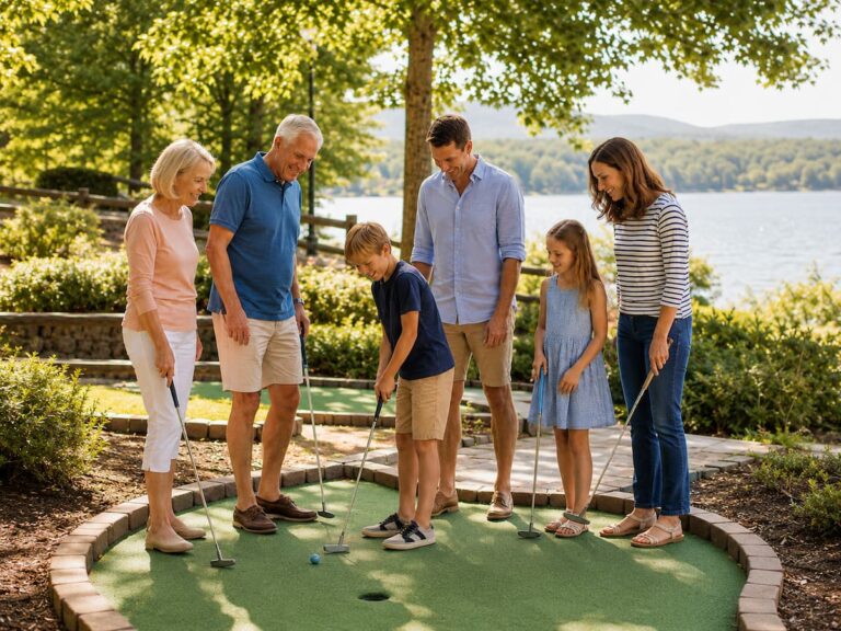 Family playing mini golf near Smith Mountain Lake as part of a family-friendly stay at Bedford Landings Bed & Breakfast.