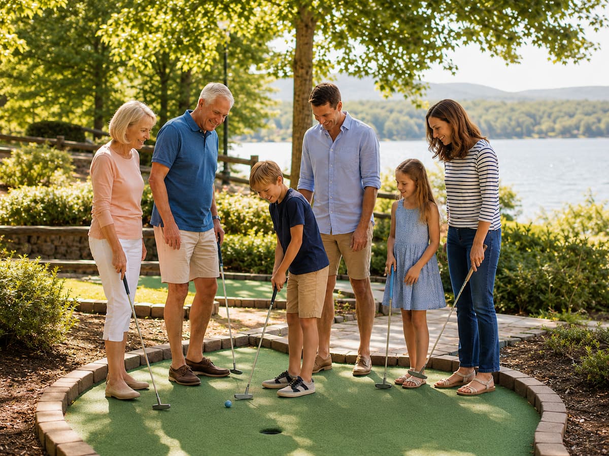 Family playing mini golf near Smith Mountain Lake as part of a family-friendly stay at Bedford Landings Bed & Breakfast.