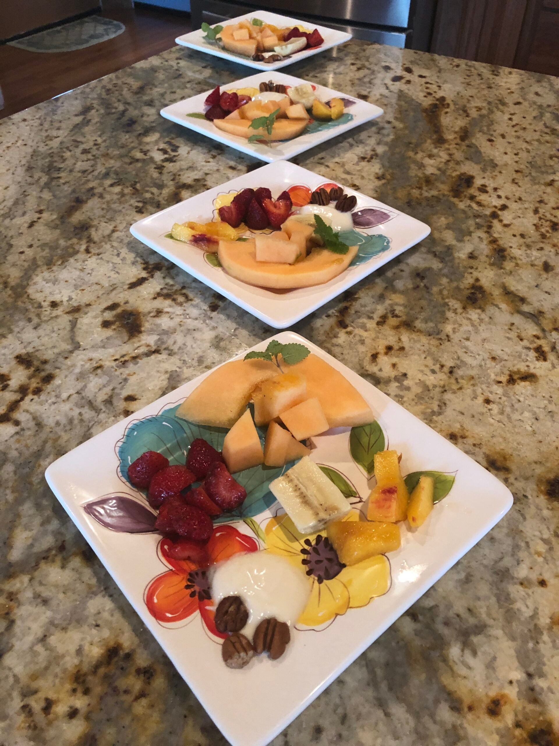 Fresh fruit breakfast plates prepared for guests at Bedford Landings Bed and Breakfast near Smith Mountain Lake