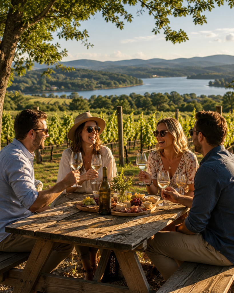 Friends enjoying a wine tasting with local wines and charcuterie at a Virginia winery near Smith Mountain Lake