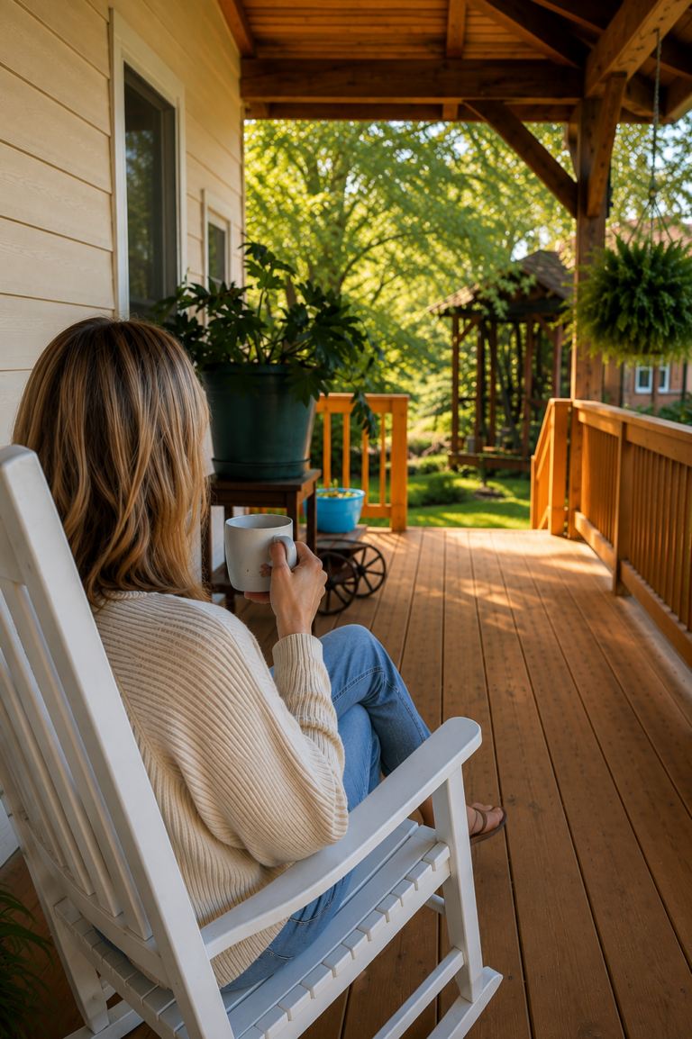 Guest enjoying a peaceful morning coffee on the porch at Bedford Landings Bed & Breakfast near Smith Mountain Lake, Virginia.