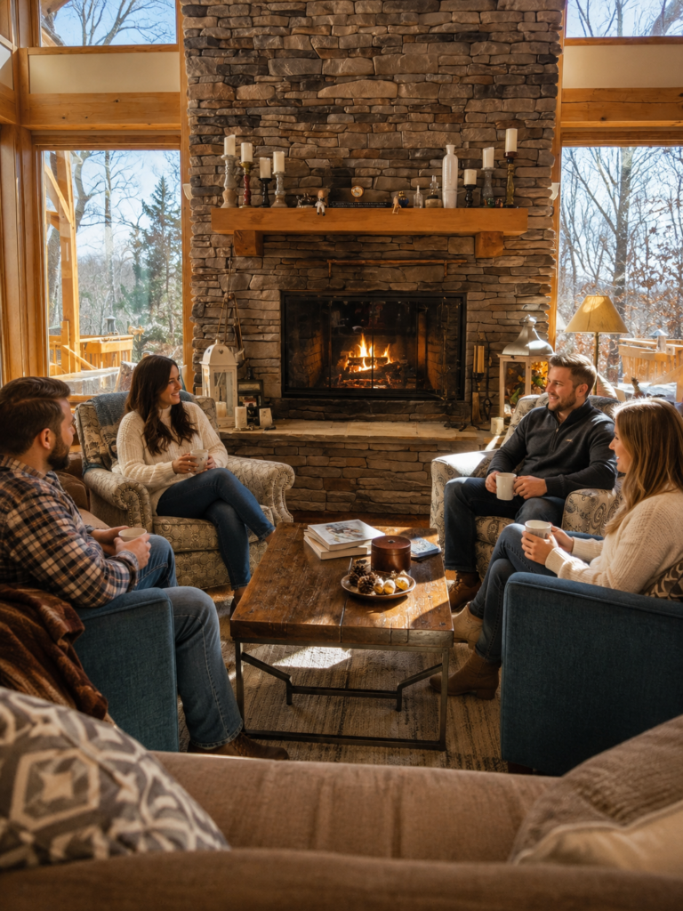 Friends relaxing by the stone fireplace at Bedford Landings Bed & Breakfast after exploring wineries and attractions near Smith Mountain Lake, Virginia.