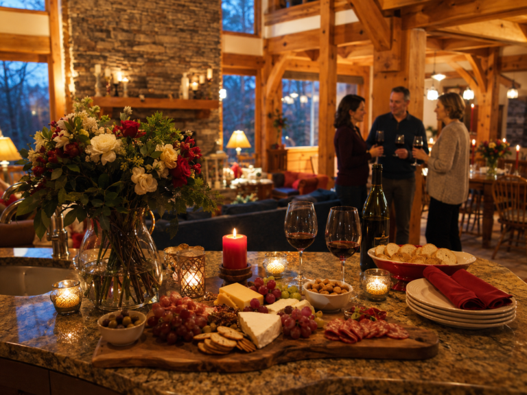 Small private gathering with wine, flowers, candles, and appetizers inside the warm timber-frame great room at Bedford Landings Bed & Breakfast near Smith Mountain Lake.