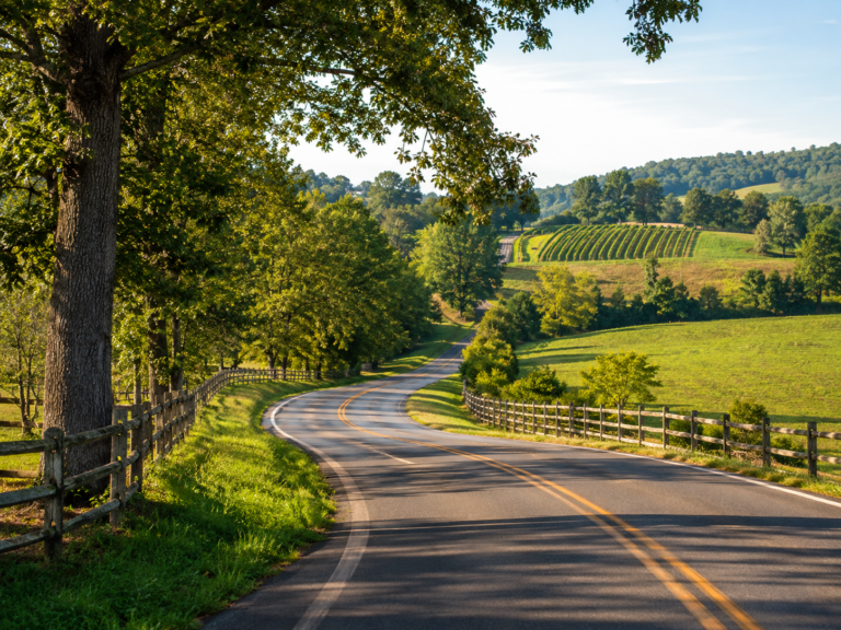 Scenic two-lane country road winding through the Virginia Blue Ridge foothills near Smith Mountain Lake, with split-rail fences, mature trees, rolling farmland, and vineyards in the distance.