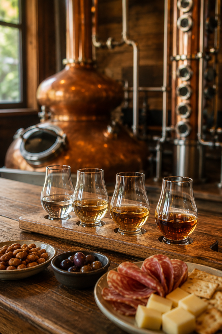 Whiskey tasting setup: four glasses of amber whiskey on a wooden flight board with cheese, salami, crackers, and nuts; copper distillery equipment in the background.