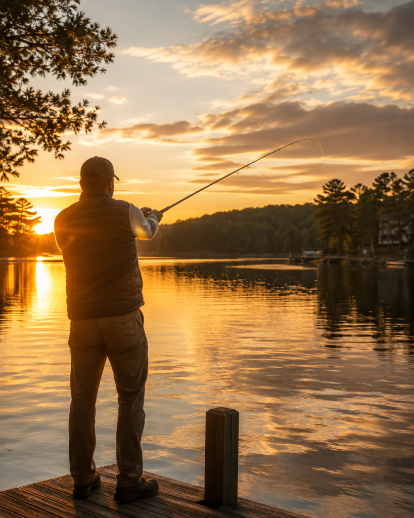 Man standing on a wooden dock fishing at sunset, with a calm lake and trees in the background.