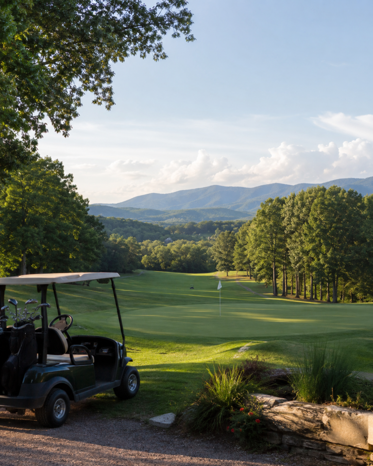 Scenic golf course near Smith Mountain Lake in Virginia with a manicured green, golf cart, mature trees, rolling terrain, and Blue Ridge foothills in warm afternoon light.