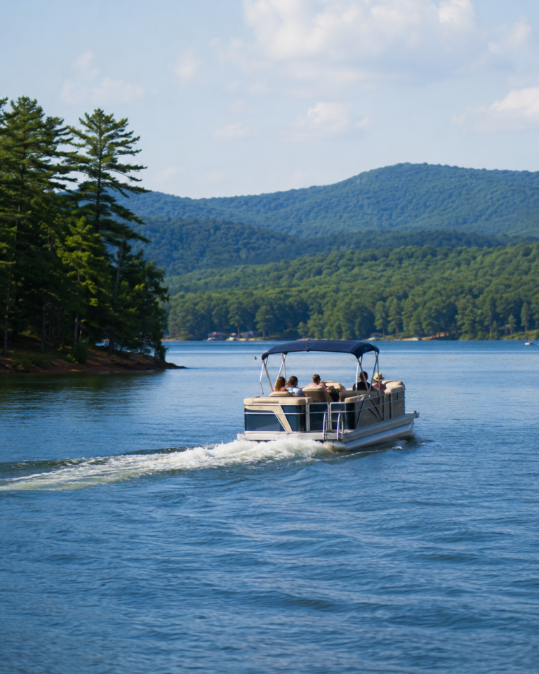 Pontoon boat with passengers cruising on a calm lake, forested shoreline and blue hills in the distance under a partly cloudy sky.