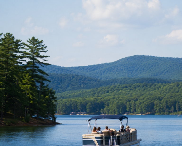 Pontoon boat with passengers cruising on a calm lake, forested shoreline and blue hills in the distance under a partly cloudy sky.