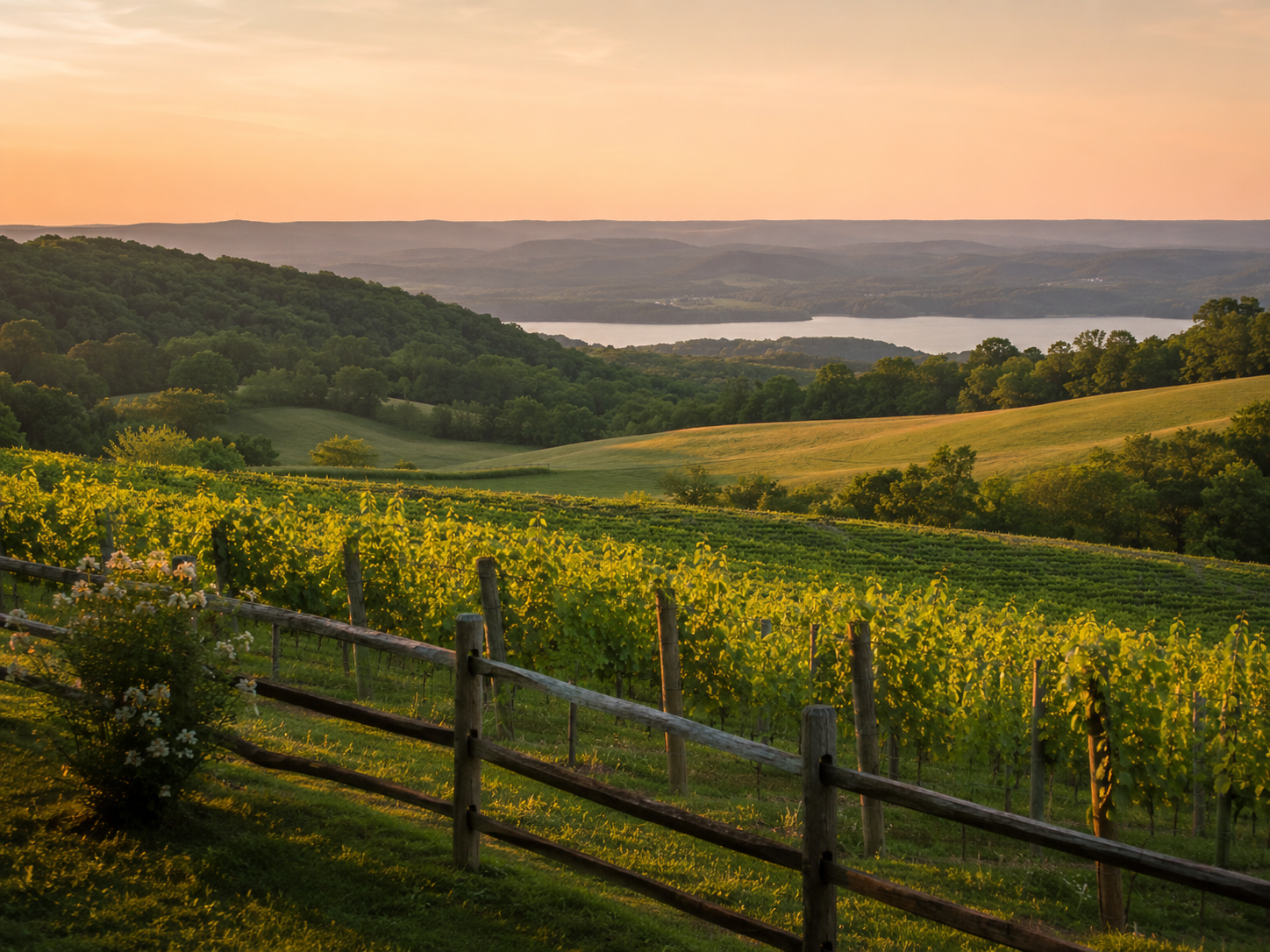 Golden-hour view of a boutique Virginia vineyard with grapevines, rustic fencing, rolling hills, and distant blue water near Smith Mountain Lake.