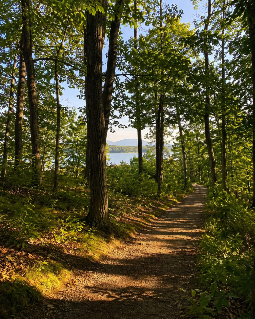Scenic wooded walking trail near Smith Mountain Lake in Virginia with mature trees, dappled sunlight, natural greenery, and a quiet lake view in the distance.