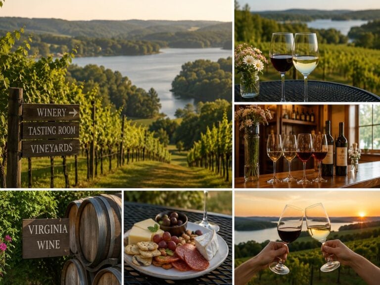 Vineyard collage showing rows of vines and a distant river, with signs pointing to winery, tasting room, and vineyards.